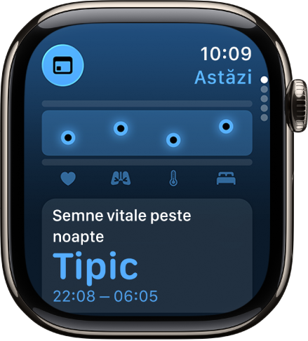 Un ecran în aplicația Semne vitale afișând parametrii de sănătate din timpul nopții.