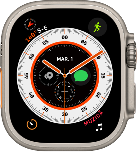 Cadranul de ceas Călăuză prezentând un ceas analogic, cu complicația Baterie în stânga sus, Exerciții în dreapta sus, Temporizatoare în stânga jos și Muzică în dreapta jos. Există patru complicații în apropierea părții de mijloc a cadranului de ceas – Dată în partea de sus, Pământ în dreapta, Busolă în partea de jos și Punct de reper Busolă în stânga.