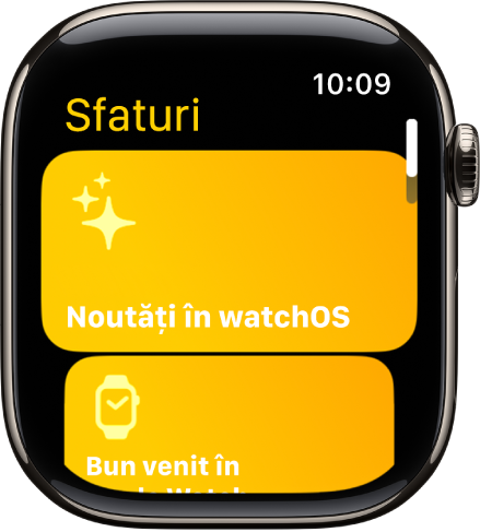 Aplicația Sfaturi afișează colecții de sfaturi precum Bun venit pe Apple Watch.