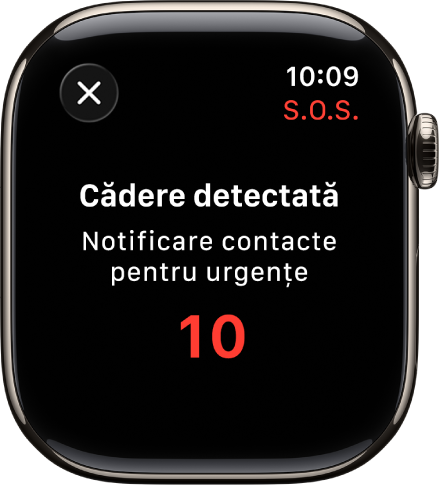 Un ecran afișând „Cădere detectată” și o numărătoare inversă pentru înștiințarea contactelor pentru urgențe.