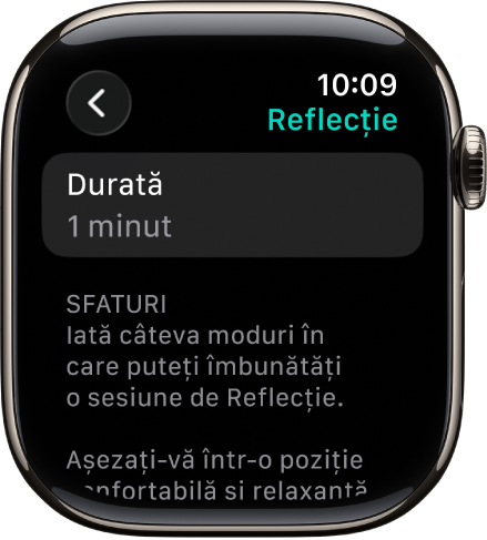 Aplicația Conștientizare afișând o durată de un minut în partea de sus. Dedesubt se află sfaturile pentru îmbunătățirea unei sesiuni Reflecție.