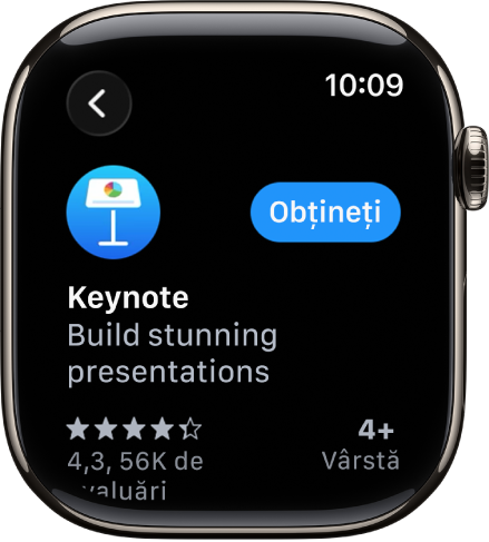 Un ecran App Store afișând pagina de produs a unei aplicații cu o scurtă descriere a aplicației, evaluările acesteia și butonul Obțineți în dreapta.