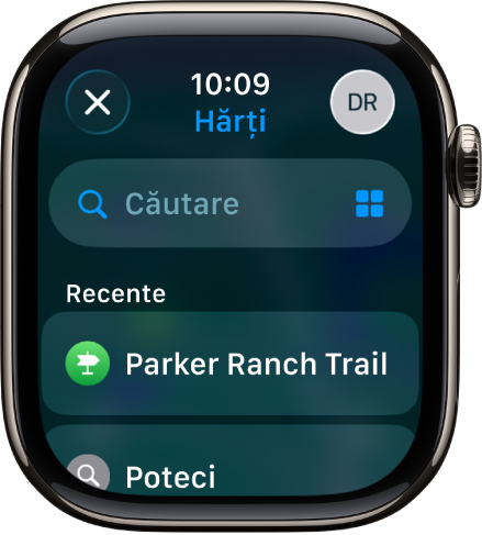 Ecranul Căutare din aplicația Hărți, cu câmpul de căutare în apropierea părții de sus. O listă a căutărilor recente apare în partea de jos.