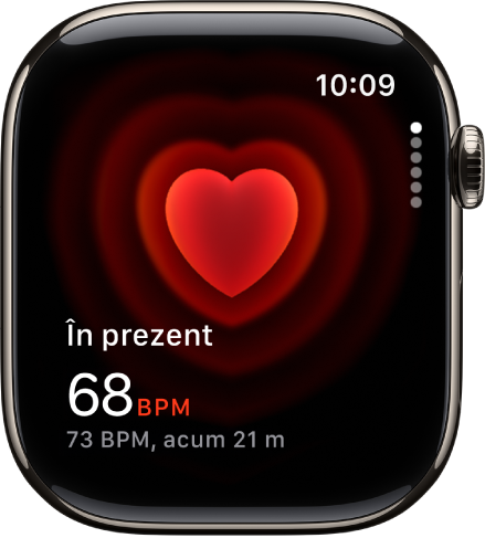 Un ecran Ritm cardiac, cu ritmul cardiac actual afișat în stânga jos și ultima măsurare cu scris mai mic sub acesta.