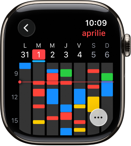 Aplicația Calendar prezentând evenimentele săptămânii. Fiecare eveniment este codificat cu o culoare, indicând calendarul de care aparține. Numele lunii se află în dreapta sus, iar zilele și datele sunt distribuite de‑a lungul părții de sus. Toate evenimentele zilei sunt marcate cu o bară sub data fiecărei zile. O linie care traversează săptămâna indică ora curentă. Butonul Mai multe este în dreapta jos.