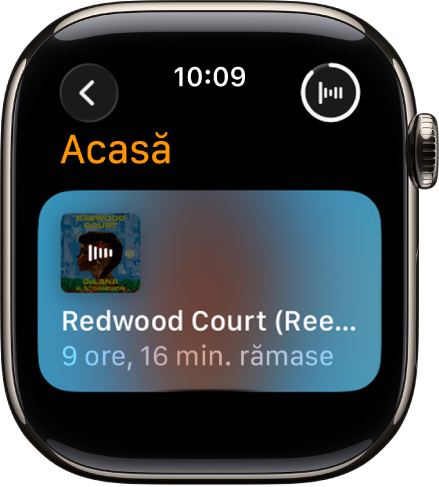 Un ecran Cărți audio afișând cartea aflată în curs de redare, cu titlul și timpul rămas. Butonul Ascultați acum se află în dreapta sus.