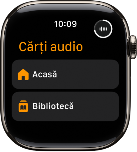 Aplicația Cărți audio prezentând butoanele Acasă și Bibliotecă.