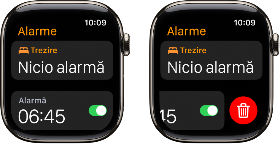 Două ecrane de ceas prezentând procesul de ștergere a unei alarme.