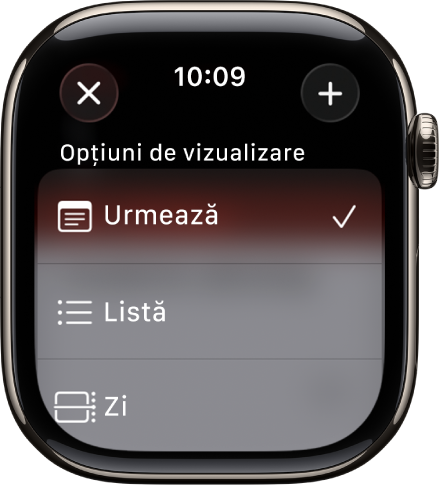 Ecranul Calendar prezentând opțiunile de vizualizare: Urmează, Listă și Zi. Butonul Adăugați este în colțul din dreapta sus.