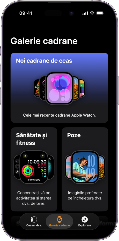 Aplicația Apple Watch deschisă în galeria de cadrane. Rândul de sus prezintă cadrane noi, rândurile următoare prezintă cadrane de ceas grupate după tip: Sănătate și Fitness și Poze, de exemplu. Puteți derula pentru a vedea mai multe cadrane grupate după tip.