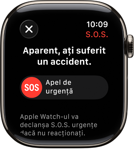 Ecranul „Detectare accident” afișând glisorul S.O.S. pentru inițierea unui apel de urgență.