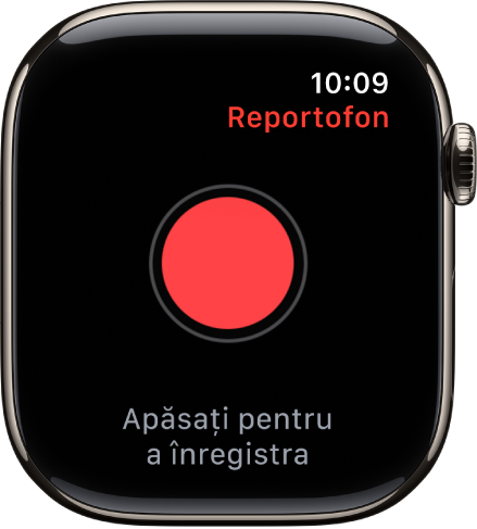 Apple Watch afișând ecranul Reportofon. Un buton roșu Înregistrare apare în apropierea părții de sus. Un memo înregistrat apare dedesubt. Acesta afișează ora la care a fost înregistrat și durata.