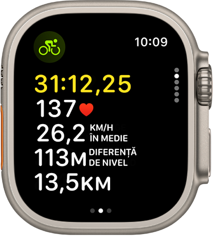 Un exercițiu de pedalat în desfășurare afișează timpul scurs din exercițiu, ritmul cardiac, viteza medie, diferența de nivel și distanța totală.
