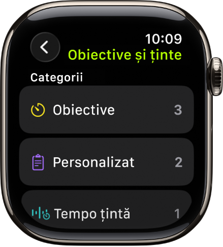 Aplicația Exerciții afișând obiectivele create, Exerciții personalizate și un exercițiu Tempo țintă.