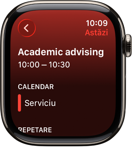 Ecranul Calendar afișând un eveniment nou. Numele evenimentului este în partea de sus, cu ora acestuia dedesubt. Sub antetul Calendar se află data evenimentului și numele calendarului de care aparține evenimentul.