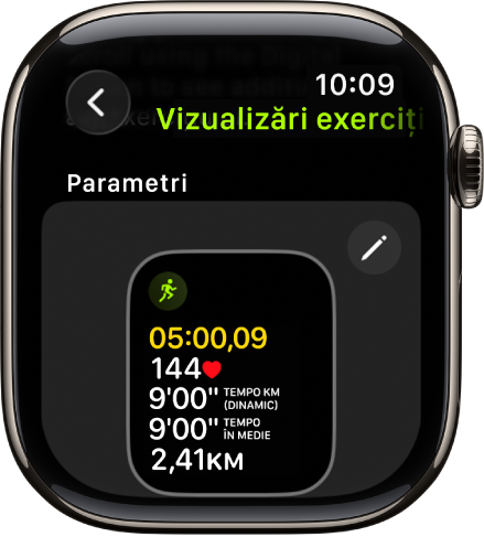 Ecranul Vizualizări exercițiu afișând vizualizarea Parametri a exercițiului pentru un exercițiu Drumeție.