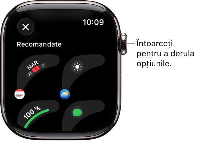Ecranul de personalizare a unui cadran de ceas prezentând complicațiile recomandate. Pentru a explora complicațiile, întoarceți coroana Digital Crown.