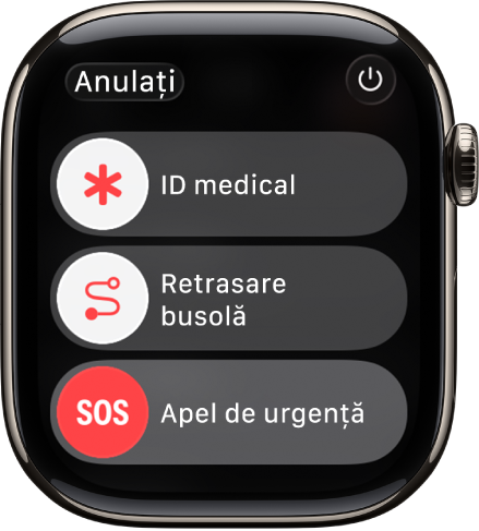 Ecranul pentru serviciile de urgență. În partea de sus se află glisorul ID medical, în mijloc se află glisorul Retrasare Busolă, iar în partea de jos se află glisorul Apel de urgență.