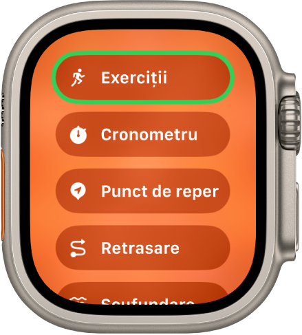 Ecranul Comutare rapidă afișând acțiunile care pot fi alocate butonului Acțiune, precum Exercițiu, Cronometru și Punct de reper.