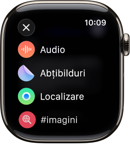Un ecran Mesaje afișând opțiuni de fișiere atașate, cum ar fi audio, abțibilduri, localizare și imagini.