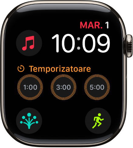 Cadranul de ceas Modular prezentând data și ora în dreapta sus și șase complicații. Pământ în stânga sus, Temporizatoare în mijloc și Exerciții, Busolă și Stare de spirit în partea de jos.