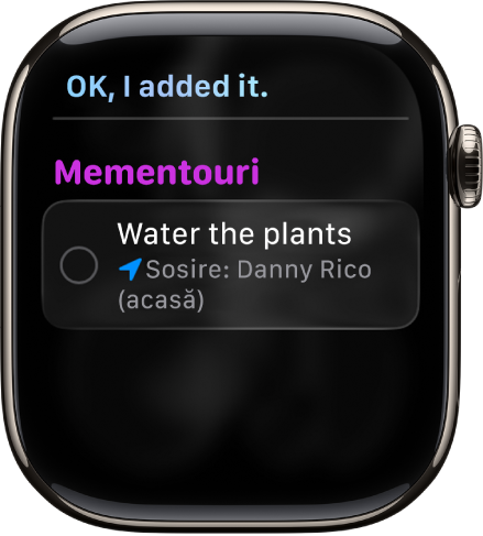 Ecranul Siri afișând un memento adăugat la o listă de activități de realizat.