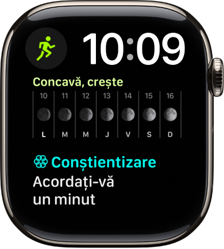 Cadranul de ceas Modular Duo afișează un ceas digital lângă partea din dreapta sus și trei complicații: Exerciții în stânga sus, Faza lunii în mijloc și Conștientizare în partea de jos.