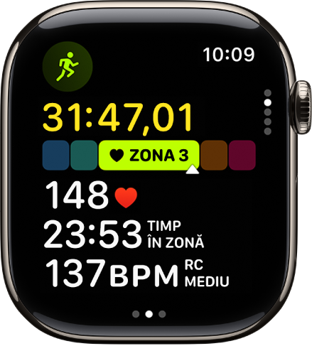 Un exercițiu de alergare în curs afișează timpul scurs din exercițiu, zona în care vă aflați în prezent, ritmul cardiac, timpul în zonă și ritmul cardiac mediu.