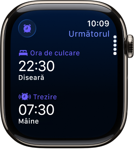 Aplicația Somn de pe Apple Watch prezentând programul de somn al serii. Ora de culcare apare în partea de sus și ora pentru Trezire este dedesubt.