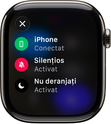 Detaliile de stare afișând că iPhone‑ul este conectat, localizarea este utilizată de Mesaje, opțiunile mod Silențios și Nu deranjați sunt activate.