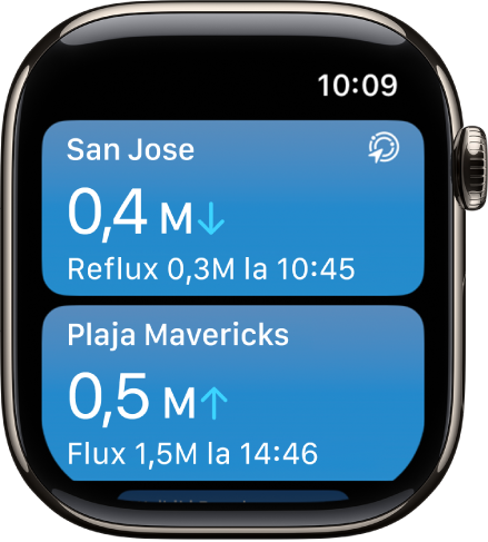 Un ecran în aplicația Maree afișând o listă a locurilor cu informații despre maree.