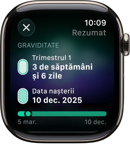 Un ecran în aplicația Urmărire ciclu, afișând rezumatul unei sarcini, cu o vârstă gestațională și o dată estimată a nașterii în centrul ecranului.