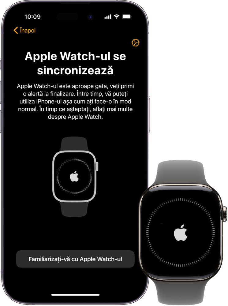 Un iPhone și un Apple Watch afișând ecranele de sincronizare.