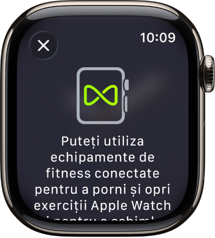Un ecran de asociere care apare atunci când asociați Apple Watch‑ul cu echipamentul de fitness.