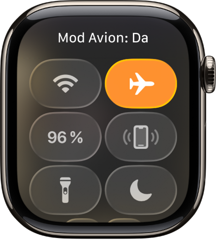 Centrul de control cu butonul mod Avion evidențiat pentru a indica faptul că modul Avion este activat.