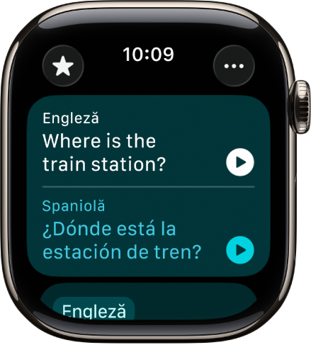 Un ecran în aplicația Traducere afișând o propoziție în engleză în partea de sus și traducerea în spaniolă în partea de jos.