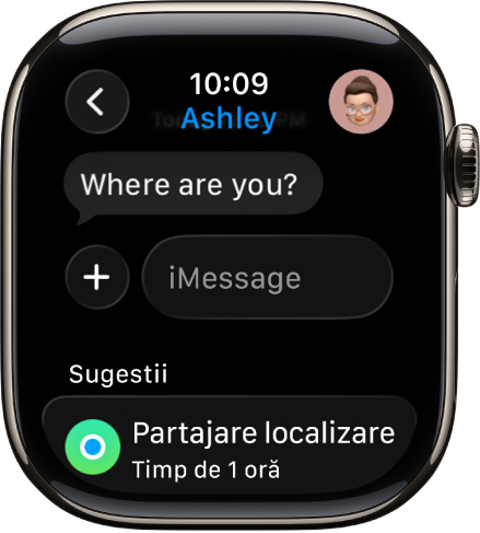 Apple Watch afișând o conversație în aplicația Mesaje. O sugestie de partajare a localizării se află în partea de jos a ecranului.