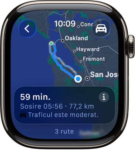 Aplicația Hărți afișând un rezumat al itinerarului auto. Prima etapă a călătoriei este afișată în partea de jos.