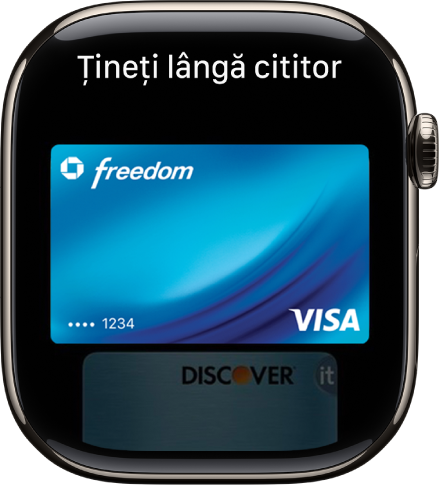 Un ecran afișând un card de credit în Apple Pay pregătit pentru prezentarea la un cititor contactless.