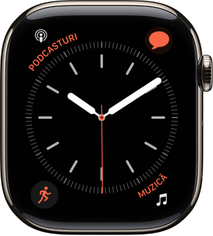 Cadranul de ceas Simplu, unde puteți să schimbați culoarea secundarului și să ajustați numerotarea și detaliile ceasului. Sunt afișate patru complicații: Podcasturi în stânga sus, Mesaje în dreapta sus, Exerciții în stânga jos și Muzică în dreapta jos.