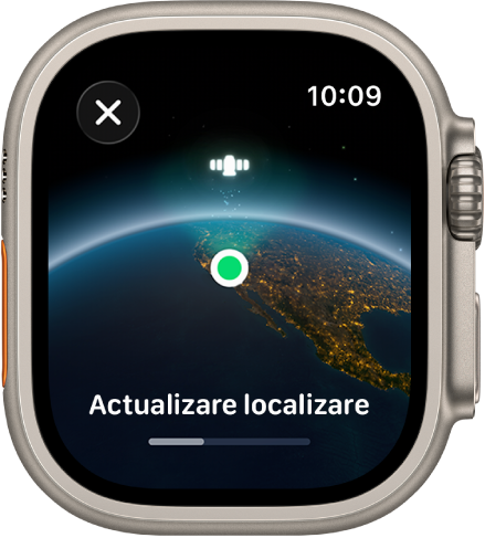 Un ecran afișând „Actualizare localizare” cu o bară de progres și o vizualizare a pământului din spațiu, cu un indicator de localizare verde.