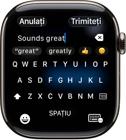 Ecranul câmp de text afișând un mesaj creat cu tastatura de pe ecran. Butoanele Emoji și Tastatură pe ecran se află în partea de jos a ecranului.