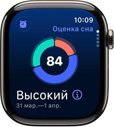 В центре экрана «Оценка сна» показана оценка сна. В левой нижней части экрана показаны рейтинг и время сна.