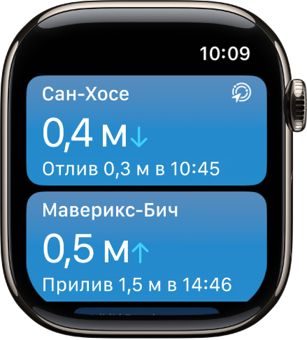 Экран приложения «Волны». Показан список геопозиций с информацией о волнах.