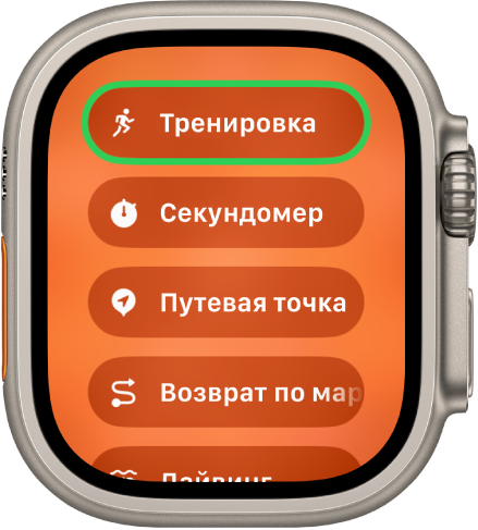 На экране Quick Switch показаны действия, которые можно назначить кнопке действия, например «Тренировка», «Секундомер», «Путевая точка» и «Возврат по маршруту».