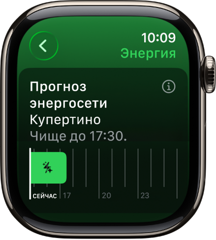 На экране функции «Прогноз энергосети» показано, что до 17:30 доступен более чистый источник энергии.
