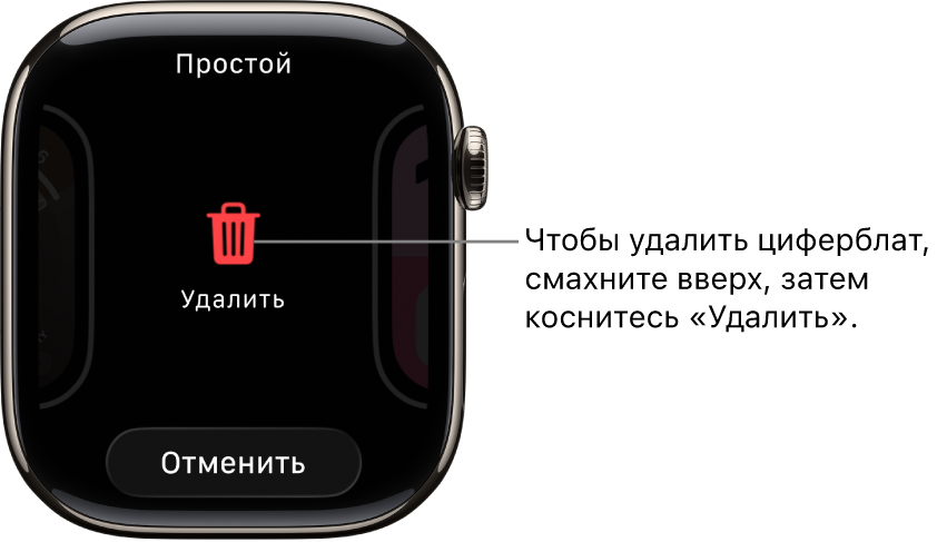 Экран Apple Watch с кнопками «Удалить» и «Отменить»: они отображаются, когда Вы смахиваете к циферблату, а затем смахиваете вверх для его удаления.
