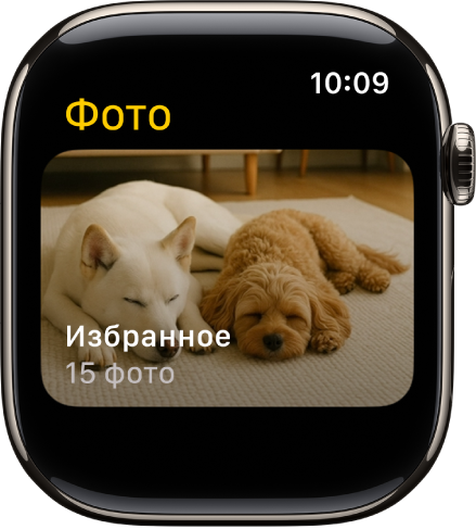 Приложение «Фото» на Apple Watch. Показан альбом под названием «Избранное».