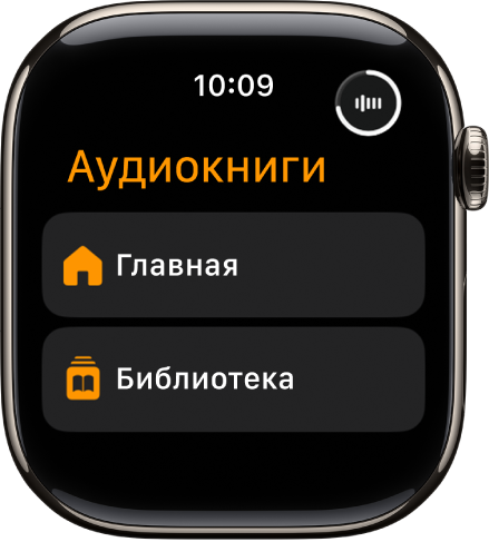 В приложении «Аудиокниги» показаны кнопки «Главная» и «Библиотека».