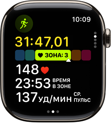 Показан ход выполнения беговой тренировки: истекшее время тренировки, зона, в которой Вы находитесь, пульс, продолжительность зоны и средняя частота пульса.